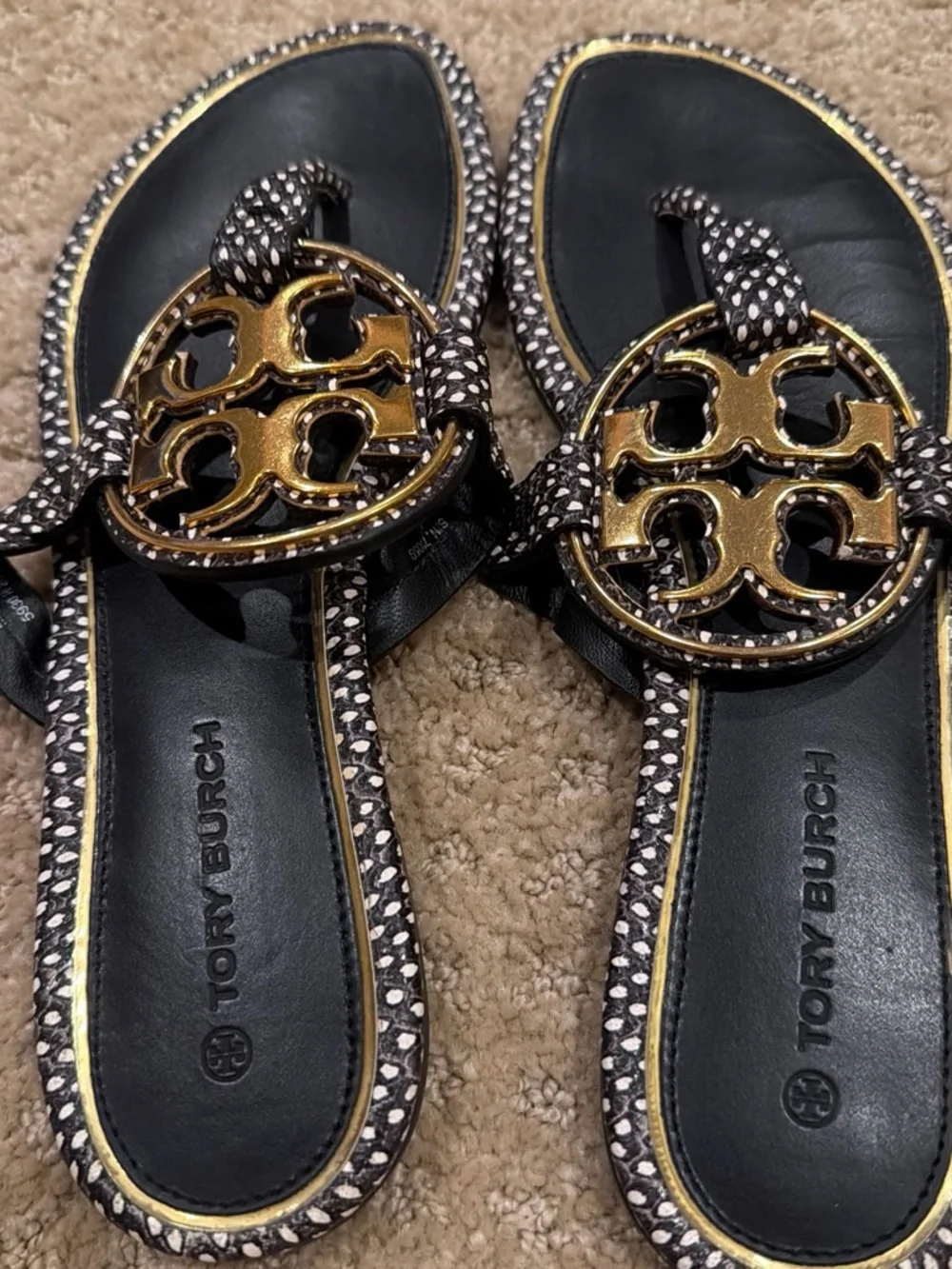 Tory Burch Black Sandals with Gold Logo Medallion